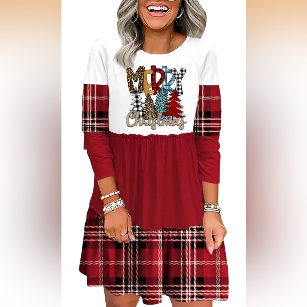 Merry Christmas White and Red Mini Long Sleeve Dress Size Small
